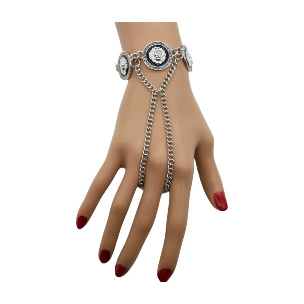 New Women Silver Metal Hand Chain Bracelet Ring Lion Coin Medallion Charms